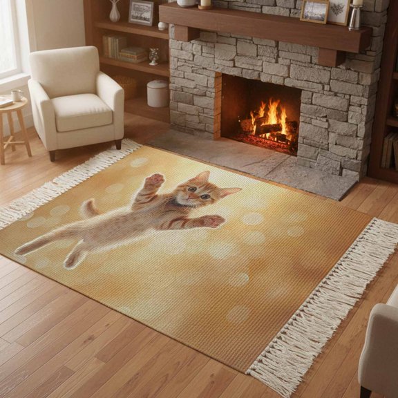 Kitchen Runner Rugs, Cute Orange Cat 4'x6' Throw Rug with Tassels, Lovely Modern Floating Kitten Pet Washable Soft Floor Carpet Runner for Hallway Bedroom Bathroom Laundry Room