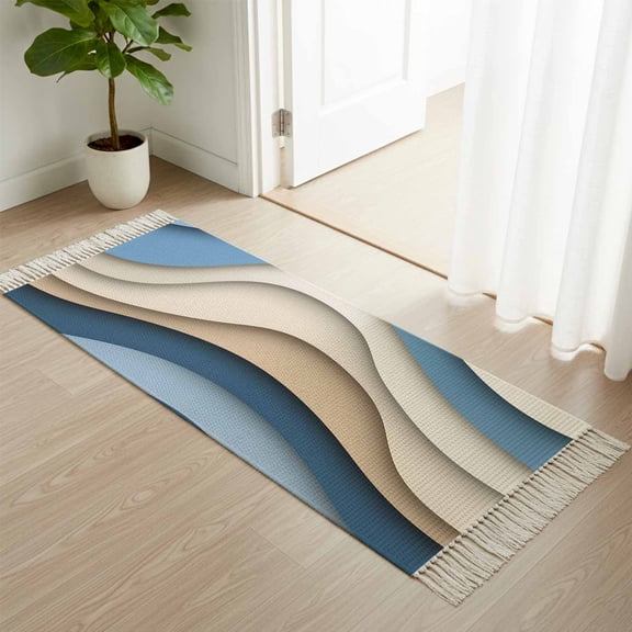 Kitchen Runner Rugs, Dark Blue Brown Gradient Abstract Waves 2'x4' Throw Rug with Tassels, Water Ripple Washable Soft Floor Carpet Runner for Hallway Bedroom Bathroom Laundry Room
