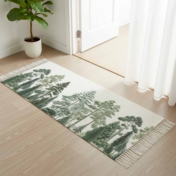 Kitchen Runner Rugs, Dark Green Pine Maple Forest 2'x4' Throw Rug with Tassels, Rustic Trees Washable Soft Floor Carpet Runner for Hallway Bedroom Bathroom Laundry Room