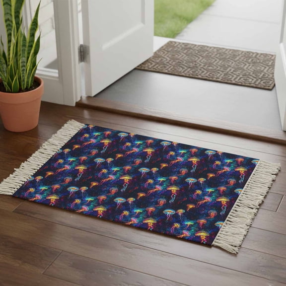 Kitchen Runner Rugs, Deep Sea Dream Jellyfish 2'x3' Throw Rug with Tassels, Abstract Starry Sky Washable Soft Floor Carpet Runner for Hallway Bedroom Bathroom Laundry Room