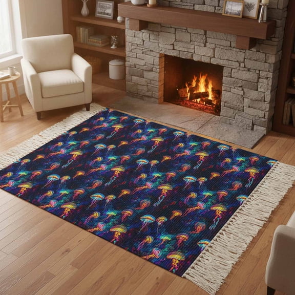 Kitchen Runner Rugs, Deep Sea Dream Jellyfish 4'x6' Throw Rug with Tassels, Abstract Starry Sky Washable Soft Floor Carpet Runner for Hallway Bedroom Bathroom Laundry Room