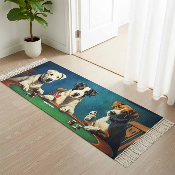 Kitchen Runner Rugs, Dog Playing Poker 2'x4' Throw Rug with Tassels, Abstract Animal in The Room Washable Soft Floor Carpet Runner for Hallway Bedroom Bathroom Laundry Room