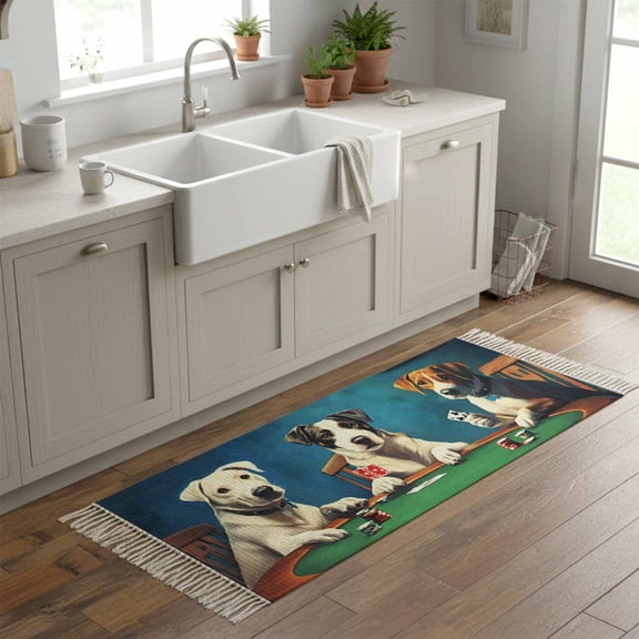 Kitchen Runner Rugs, Dog Playing Poker 2'x6' Throw Rug with Tassels, Abstract Animal in The Room Washable Soft Floor Carpet Runner for Hallway Bedroom Bathroom Laundry Room