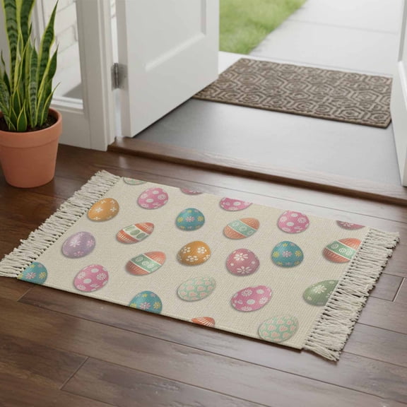 Kitchen Runner Rugs, Easter Colorful Egg 2'x3' Throw Rug with Tassels, Seamless Spring Eggs on Retro Linen Washable Soft Floor Carpet Runner for Hallway Bedroom Bathroom Laundry Room