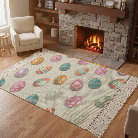 Kitchen Runner Rugs, Easter Colorful Egg 4'x6' Throw Rug with Tassels, Seamless Spring Eggs on Retro Linen Washable Soft Floor Carpet Runner for Hallway Bedroom Bathroom Laundry Room