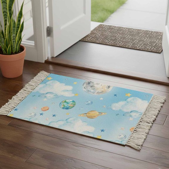 Kitchen Runner Rugs, Fantasy Universe Planet Cloud 2'x3' Throw Rug with Tassels, Blue and Yellow Stars Washable Soft Floor Carpet Runner for Hallway Bedroom Bathroom Laundry Room