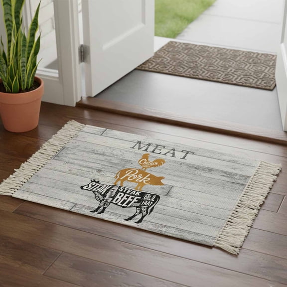 Kitchen Runner Rugs, Farm Animal Meat 2'x3' Throw Rug with Tassels, Vintage Chicken Pork and Beef on Wood Board Washable Soft Floor Carpet Runner for Hallway Bedroom Bathroom Laundry Room