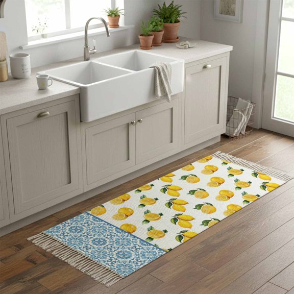 Kitchen Runner Rugs, Farm Fruit Yellow Lemon Leaves 2'x6' Throw Rug with Tassels, Blue and White Porcelain Texture Washable Soft Floor Carpet Runner for Hallway Bedroom Bathroom Laundry Room
