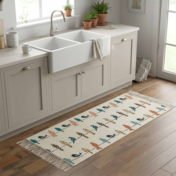 Kitchen Runner Rugs, Farm Funny Buffalo Plaid Birds on Wire 2'x6' Throw Rug with Tassels, Vintage Linen Washable Soft Floor Carpet Runner for Hallway Bedroom Bathroom Laundry Room