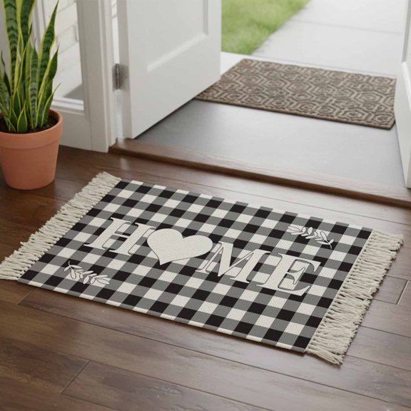 Kitchen Runner Rugs, Farm HOME Love Quotes 2'x3' Throw Rug with Tassels, Black White Buffalo Lattice Washable Soft Floor Carpet Runner for Hallway Bedroom Bathroom Laundry Room