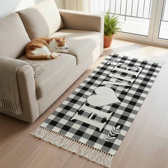 Kitchen Runner Rugs, Farm HOME Love Quotes 2'x5' Throw Rug with Tassels, Black White Buffalo Lattice Washable Soft Floor Carpet Runner for Hallway Bedroom Bathroom Laundry Room