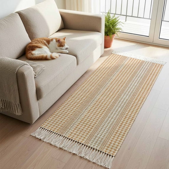 Kitchen Runner Rugs, Farm Lattice Houndstooth Pattern 2'x5' Throw Rug with Tassels, Rustic Beige Khaki Plaid Washable Soft Floor Carpet Runner for Hallway Bedroom Bathroom Laundry Room