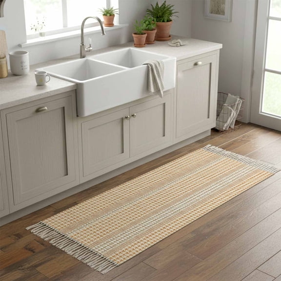 Kitchen Runner Rugs, Farm Lattice Houndstooth Pattern 2'x6' Throw Rug with Tassels, Rustic Beige Khaki Plaid Washable Soft Floor Carpet Runner for Hallway Bedroom Bathroom Laundry Room