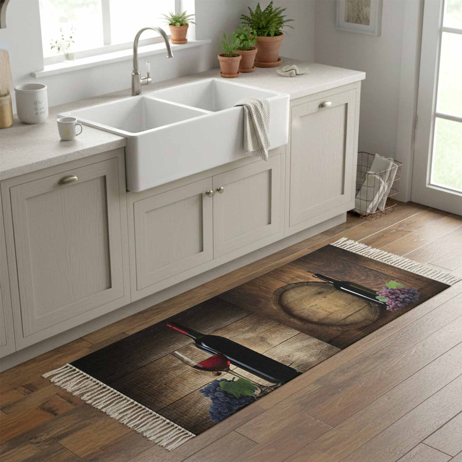 Kitchen Runner Rugs, Farm Red Wine Grapes Wine Barrel 2'x6' Throw Rug ...