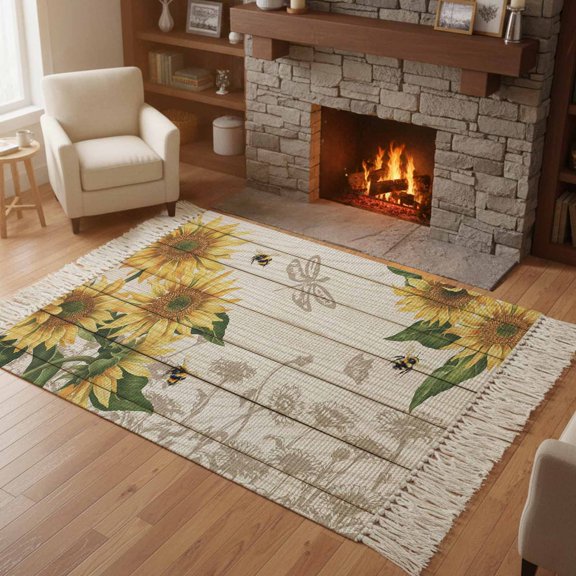 Kitchen Runner Rugs, Farm Sunflower Bee Dragonfly 4'x6' Throw Rug with Tassels, Floral Leaves Wood Grain Washable Soft Floor Carpet Runner for Hallway Bedroom Bathroom Laundry Room