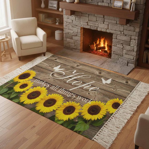 Kitchen Runner Rugs, Farm Sunflower Positive Energy Quote 4'x6' Throw Rug with Tassels, Retro Dark Brown Wood Grain Washable Soft Floor Carpet Runner for Hallway Bedroom Bathroom Laundry Room