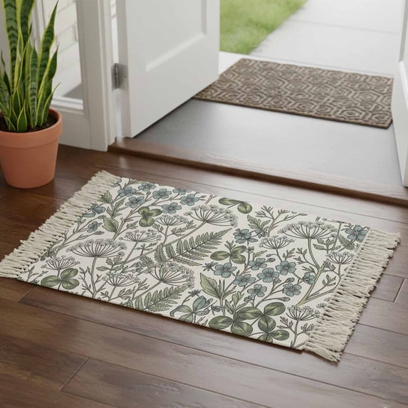 Kitchen Runner Rugs, Farm Wildflower Herbs Plant 2'x3' Throw Rug with Tassels, Watercolor Garden Floral Washable Soft Floor Carpet Runner for Hallway Bedroom Bathroom Laundry Room