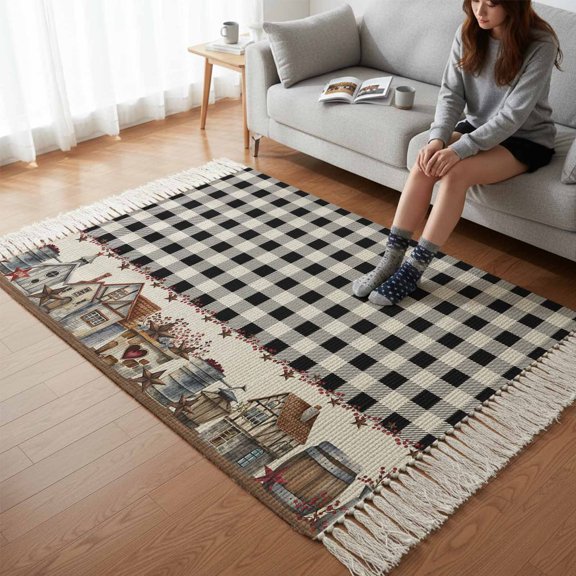 Kitchen Runner Rugs, Farm Wooden House Black Buffalo Plaid 3'x5' Throw Rug with Tassels, Western Star Washable Soft Floor Carpet Runner for Hallway Bedroom Bathroom Laundry Room