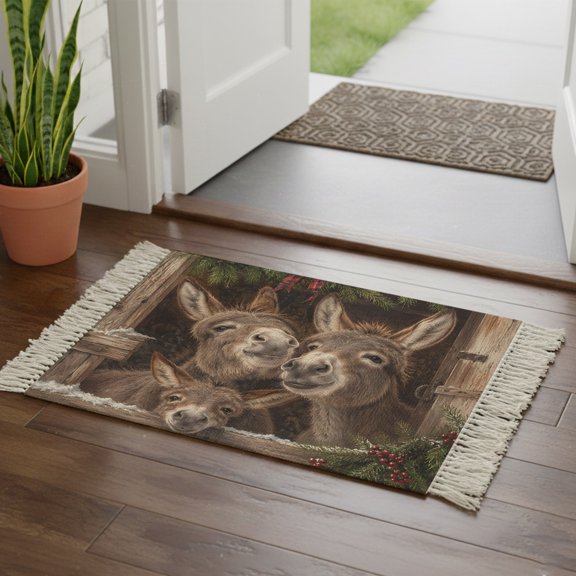 Kitchen Runner Rugs, Farmhouse Barn Donkey 2'x3' Throw Rug with Tassels, Pine Branches Winter Berry Washable Soft Floor Carpet Runner for Hallway Bedroom Bathroom Laundry Room