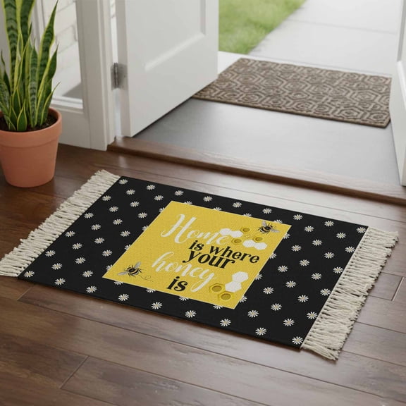 Kitchen Runner Rugs, Farmhouse Bee Honeycomb Yellow 2'x3' Throw Rug with Tassels, Honey Home Quote Polka Dot Washable Soft Floor Carpet Runner for Hallway Bedroom Bathroom Laundry Room
