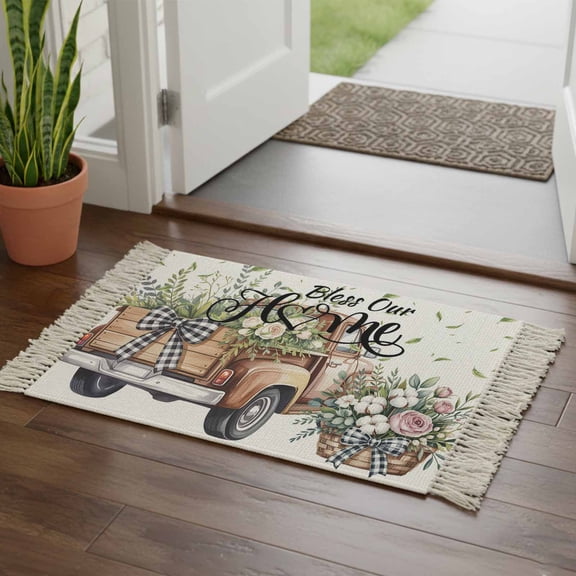 Kitchen Runner Rugs, Farmhouse Brown Truck Rose Flower Leaves 2'x3' Throw Rug with Tassels, Home Quote Washable Soft Floor Carpet Runner for Hallway Bedroom Bathroom Laundry Room