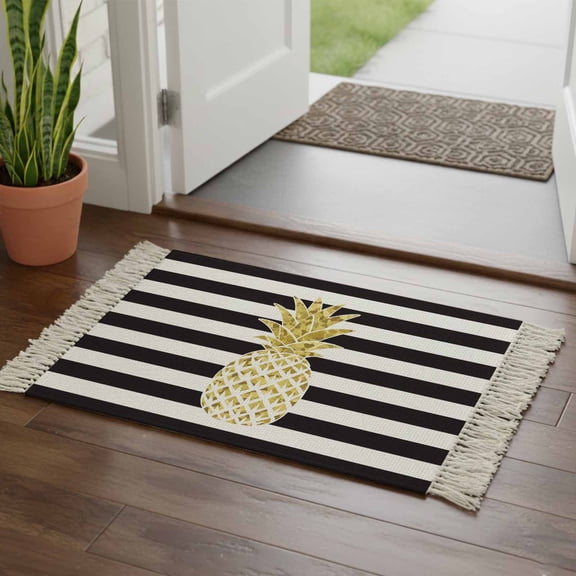 Kitchen Runner Rugs, Farmhouse Fruit Golden Pineapple 2'x3' Throw Rug with Tassels, Black White Striped Washable Soft Floor Carpet Runner for Hallway Bedroom Bathroom Laundry Room