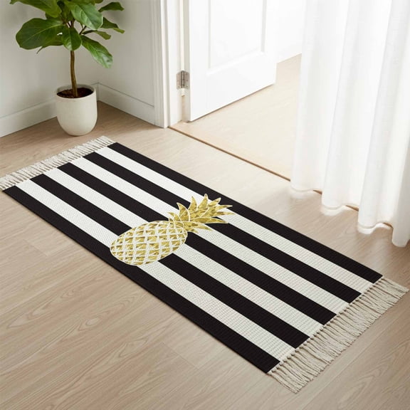 Kitchen Runner Rugs, Farmhouse Fruit Golden Pineapple 2'x4' Throw Rug with Tassels, Black White Striped Washable Soft Floor Carpet Runner for Hallway Bedroom Bathroom Laundry Room