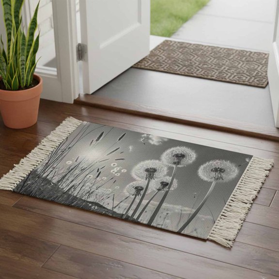 Kitchen Runner Rugs, Farmhouse Grey Field Dandelion Rural Plant 2'x3' Throw Rug with Tassels, Idyllic Botanical Washable Soft Floor Carpet Runner for Hallway Bedroom Bathroom Laundry Room