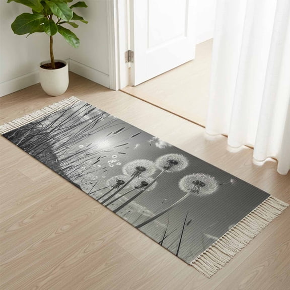 Kitchen Runner Rugs, Farmhouse Grey Field Dandelion Rural Plant 2'x4' Throw Rug with Tassels, Idyllic Botanical Washable Soft Floor Carpet Runner for Hallway Bedroom Bathroom Laundry Room