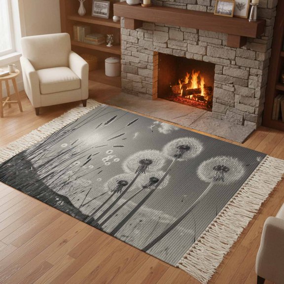 Kitchen Runner Rugs, Farmhouse Grey Field Dandelion Rural Plant 4'x6' Throw Rug with Tassels, Idyllic Botanical Washable Soft Floor Carpet Runner for Hallway Bedroom Bathroom Laundry Room