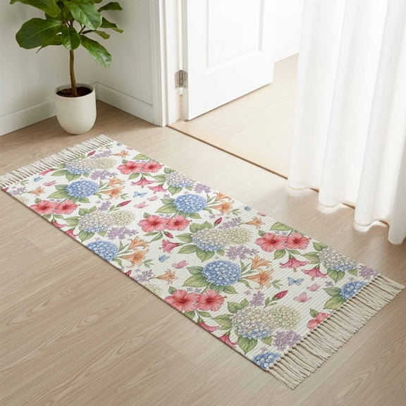 Kitchen Runner Rugs, Farmhouse Hydrangea Lily Flower 2'x4' Throw Rug with Tassels, Pastoral Floral Butterfly Washable Soft Floor Carpet Runner for Hallway Bedroom Bathroom Laundry Room
