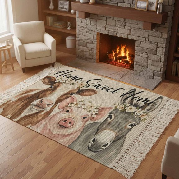 Kitchen Runner Rugs, Farmhouse Pig Cattle Donkey 4'x6' Throw Rug with Tassels, Sweet Home Quote Washable Soft Floor Carpet Runner for Hallway Bedroom Bathroom Laundry Room