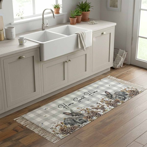 Kitchen Runner Rugs, Farmhouse Rabbit Pine Cone 2'x6' Throw Rug with Tassels, Sweet Home Text Gray Checkered Washable Soft Floor Carpet Runner for Hallway Bedroom Bathroom Laundry Room
