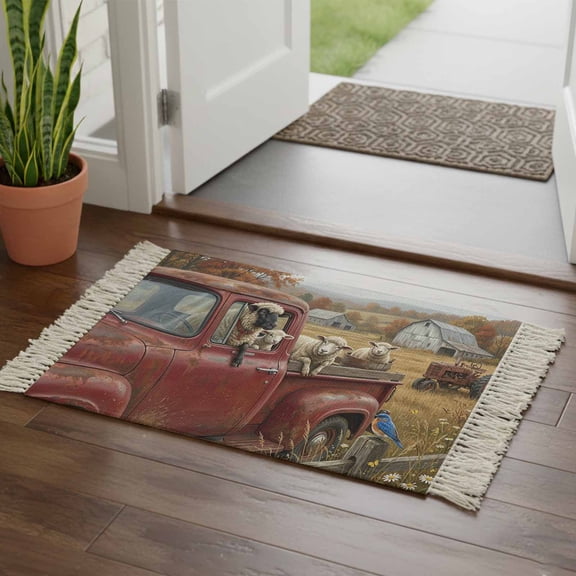 Kitchen Runner Rugs, Farmhouse Sheep Barn Truck 2'x3' Throw Rug with Tassels, Pastoral Tree Wildflower Washable Soft Floor Carpet Runner for Hallway Bedroom Bathroom Laundry Room