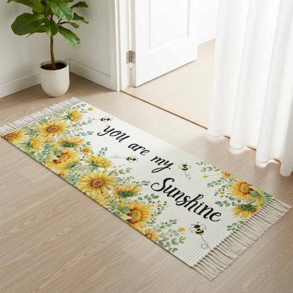 Kitchen Runner Rugs, Farmhouse Sunflower Leaves 2'x4' Throw Rug with Tassels, You Are Sunshine Quote Washable Soft Floor Carpet Runner for Hallway Bedroom Bathroom Laundry Room