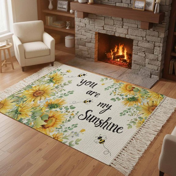 Kitchen Runner Rugs, Farmhouse Sunflower Leaves 4'x6' Throw Rug with Tassels, You Are Sunshine Quote Washable Soft Floor Carpet Runner for Hallway Bedroom Bathroom Laundry Room