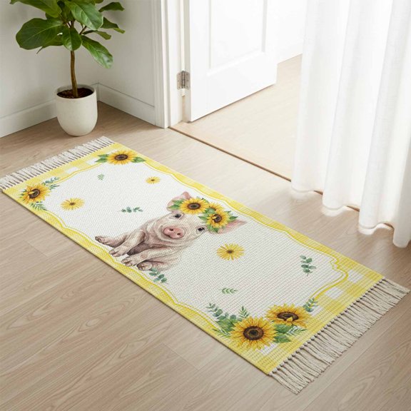 Kitchen Runner Rugs, Farmhouse Sunflower Pig 2'x4' Throw Rug with Tassels, Summer Yellow Theme Animal Plant Washable Soft Floor Carpet Runner for Hallway Bedroom Bathroom Laundry Room