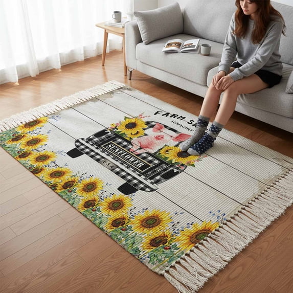 Kitchen Runner Rugs, Farmhouse Truck with Pig 3'x5' Throw Rug with Tassels, Country Sunflower Wood Board Washable Soft Floor Carpet Runner for Hallway Bedroom Bathroom Laundry Room