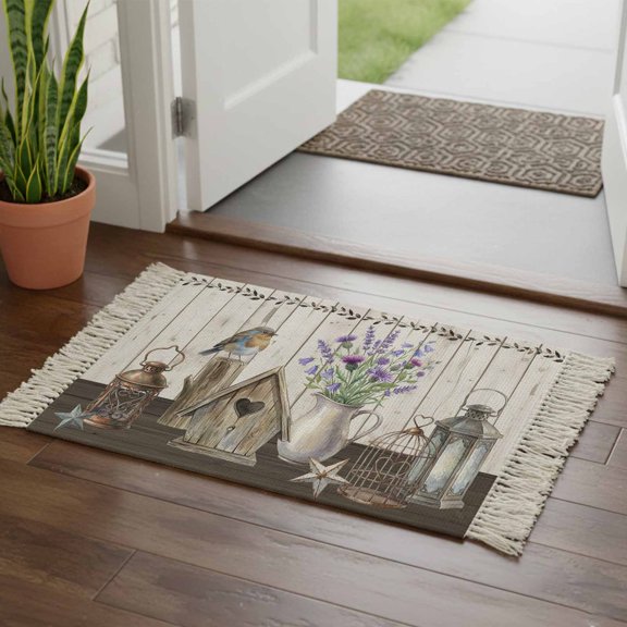 Kitchen Runner Rugs, Farmhouses Birds Cages Country Stars 2'x3' Throw Rug with Tassels, Lavender in Vases Washable Soft Floor Carpet Runner for Hallway Bedroom Bathroom Laundry Room