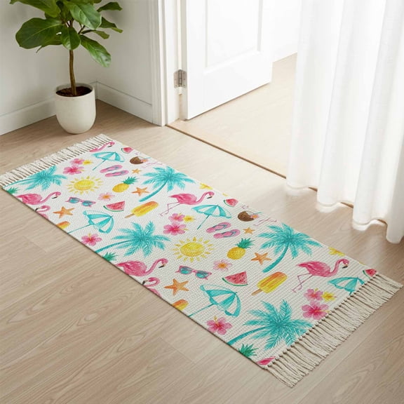 Kitchen Runner Rugs, Flamingo Beach Palm Trees 2'x4' Throw Rug with Tassels, Summer Ocean Starfish Washable Soft Floor Carpet Runner for Hallway Bedroom Bathroom Laundry Room