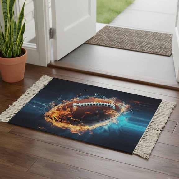 Kitchen Runner Rugs, Football Ice and Fire Abstract Art 2'x3' Throw Rug with Tassels, Rugby Technological Style Washable Soft Floor Carpet Runner for Hallway Bedroom Bathroom Laundry Room