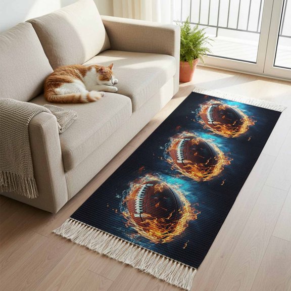 Kitchen Runner Rugs, Football Ice and Fire Abstract Art 2'x5' Throw Rug with Tassels, Rugby Technological Style Washable Soft Floor Carpet Runner for Hallway Bedroom Bathroom Laundry Room