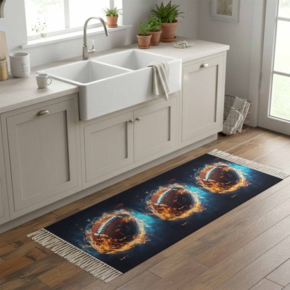 Kitchen Runner Rugs, Football Ice and Fire Abstract Art 2'x6' Throw Rug with Tassels, Rugby Technological Style Washable Soft Floor Carpet Runner for Hallway Bedroom Bathroom Laundry Room