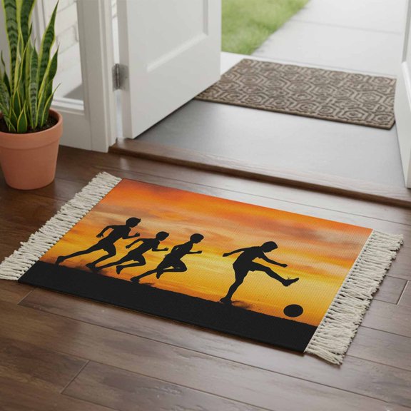 Kitchen Runner Rugs, Football Sports Competition 2'x3' Throw Rug with Tassels, Sunset Background Washable Soft Floor Carpet Runner for Hallway Bedroom Bathroom Laundry Room