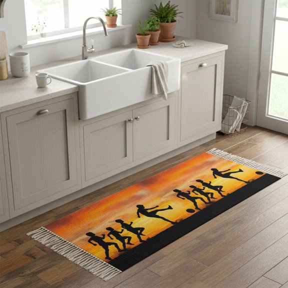Kitchen Runner Rugs, Football Sports Competition 2'x6' Throw Rug with Tassels, Sunset Background Washable Soft Floor Carpet Runner for Hallway Bedroom Bathroom Laundry Room
