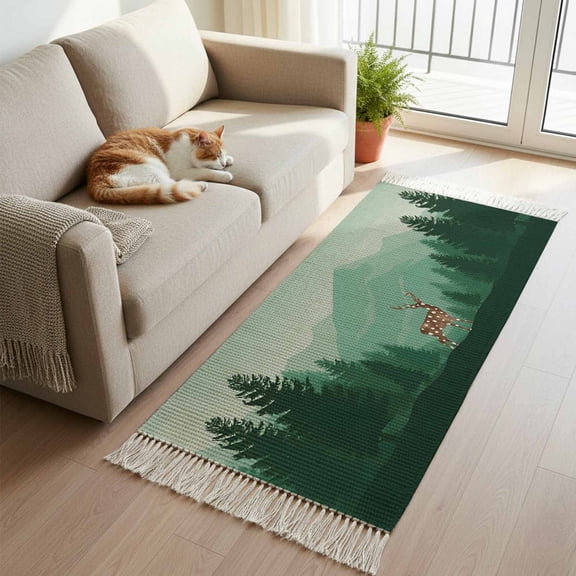 Kitchen Runner Rugs, Forest Polka Dot Brown Deer 2'x5' Throw Rug with Tassels, Sage Green Mountain Tree Washable Soft Floor Carpet Runner for Hallway Bedroom Bathroom Laundry Room