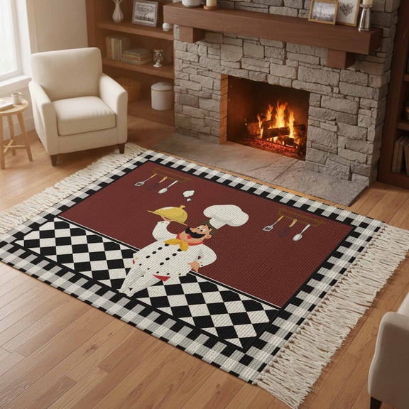 Kitchen Runner Rugs, Funny Chef Food Cutlery 4'x6' Throw Rug with Tassels, Black White Plaid Dark Maroon Washable Soft Floor Carpet Runner for Hallway Bedroom Bathroom Laundry Room