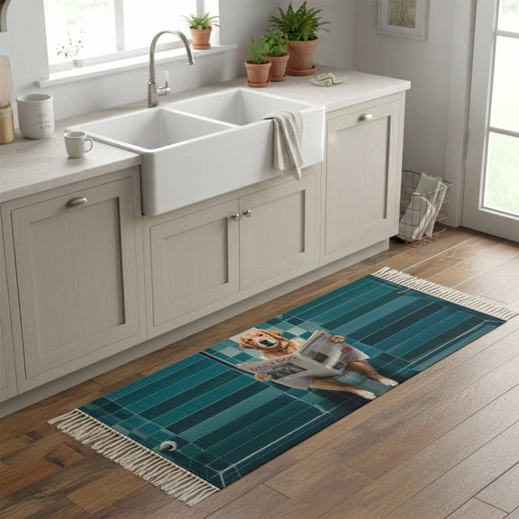 Kitchen Runner Rugs, Funny Dog Reading Newspaper in Bathroom 2'x6' Throw Rug with Tassels, Golden Retriever Sitting on Toilet Soft Floor Carpet Runner for Hallway Bedroom Bathroom Laundry Room