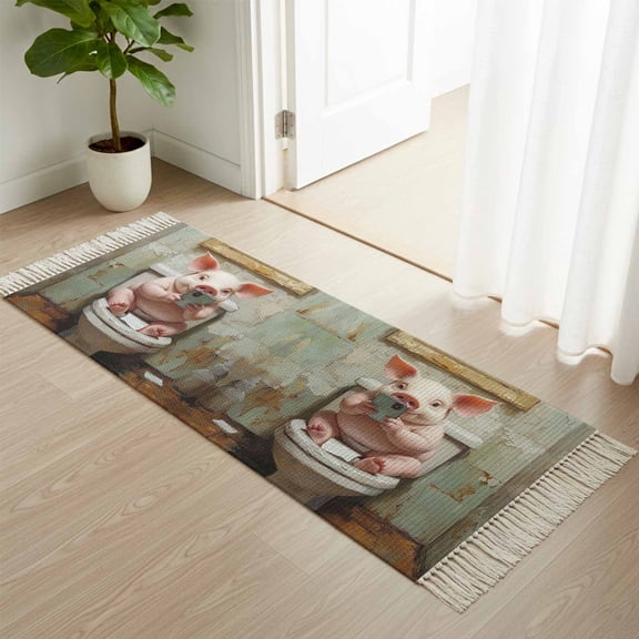 Kitchen Runner Rugs, Funny Pig Sitting on Toilet Bathroom 2'x4' Throw Rug with Tassels, Animals Play Phones Washable Soft Floor Carpet Runner for Hallway Bedroom Bathroom Laundry Room