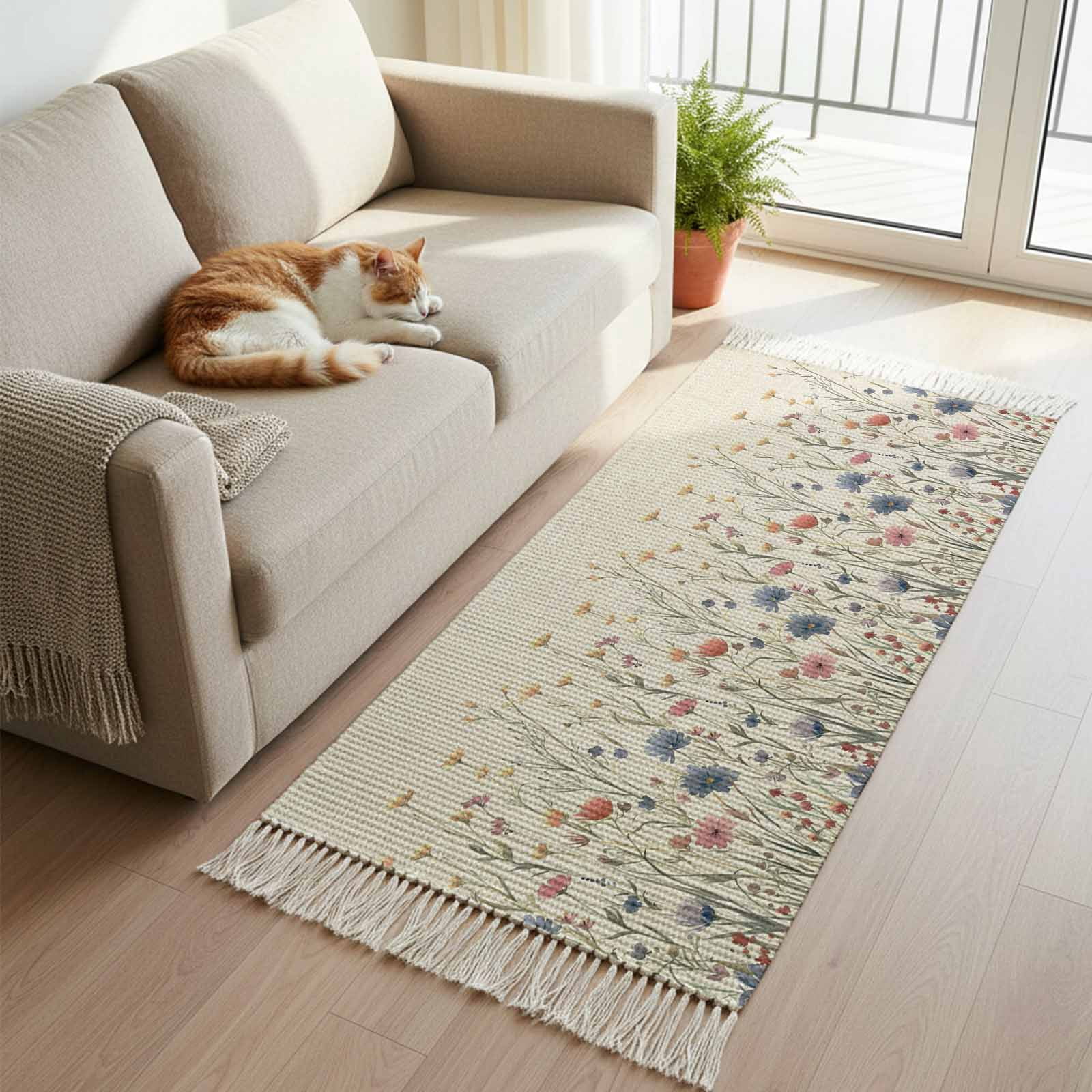 Burlp Rug Kitchen Runner Rugs, Garden Watercolor Flower on Burlap 2'x5' Throw Rug ...